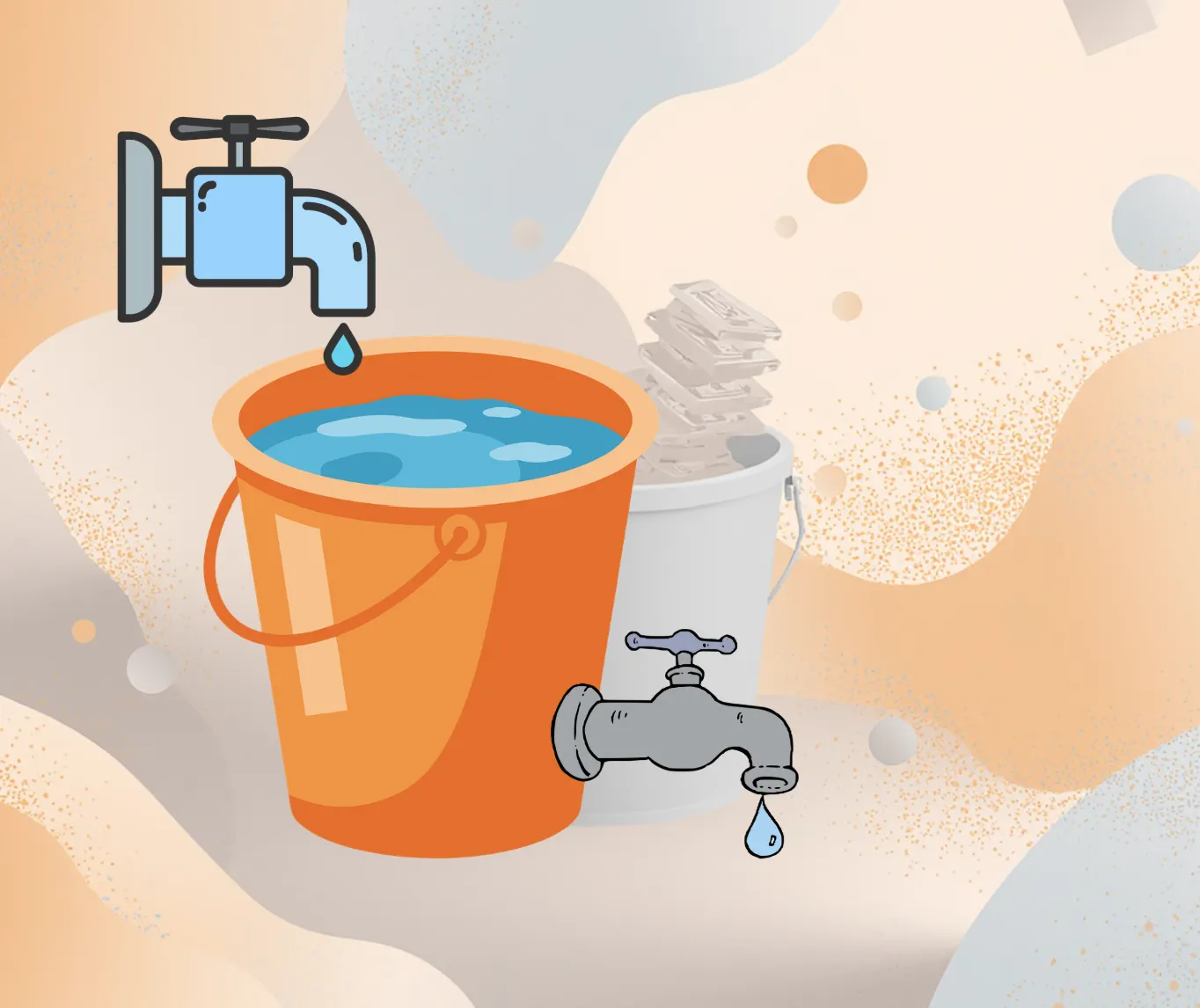 Illustration of two buckets with taps, representing money coming in and money draining out as a metaphor for savings runway and withdrawal pressure.